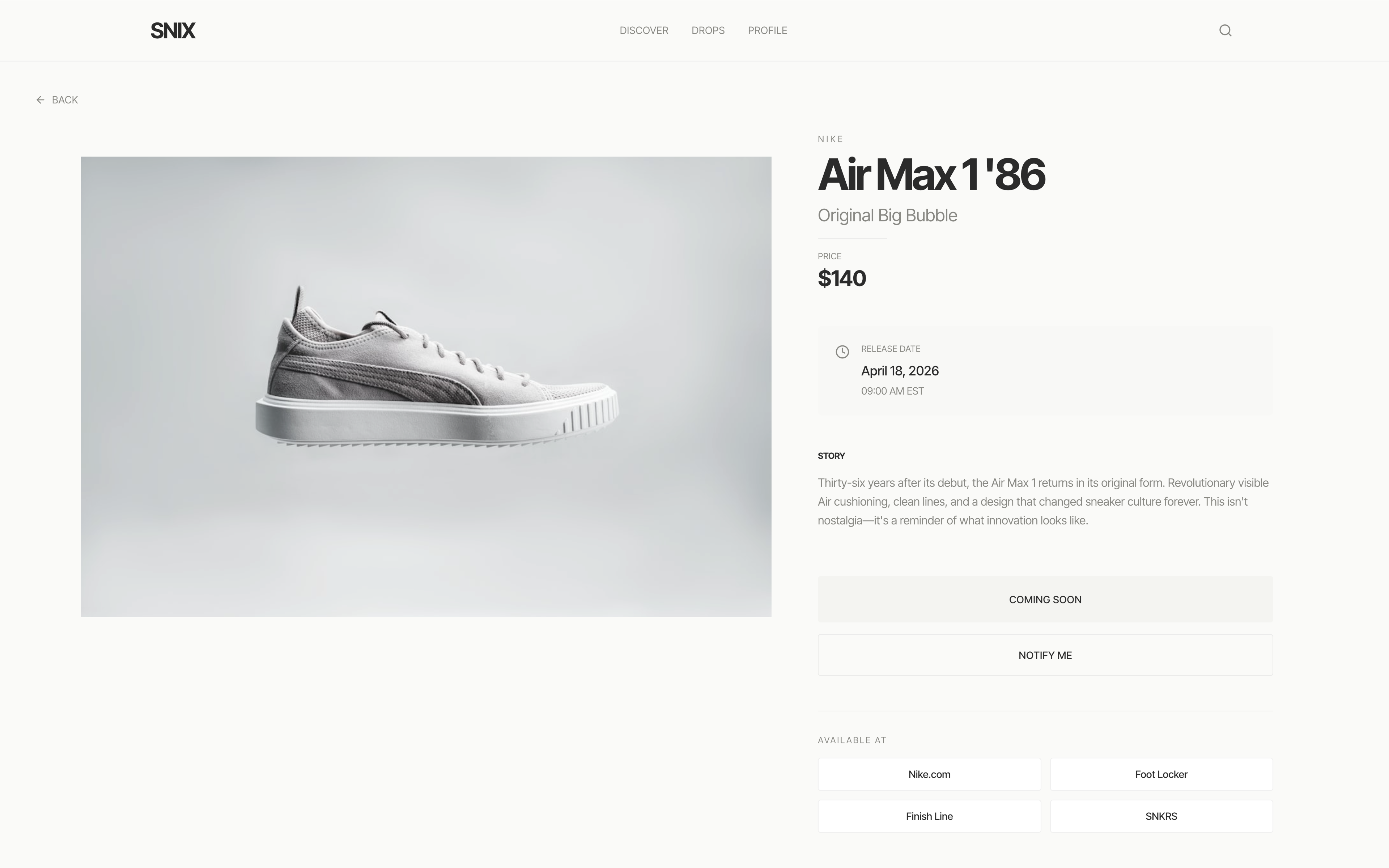 Air Max 1'86 product detail page with availability
