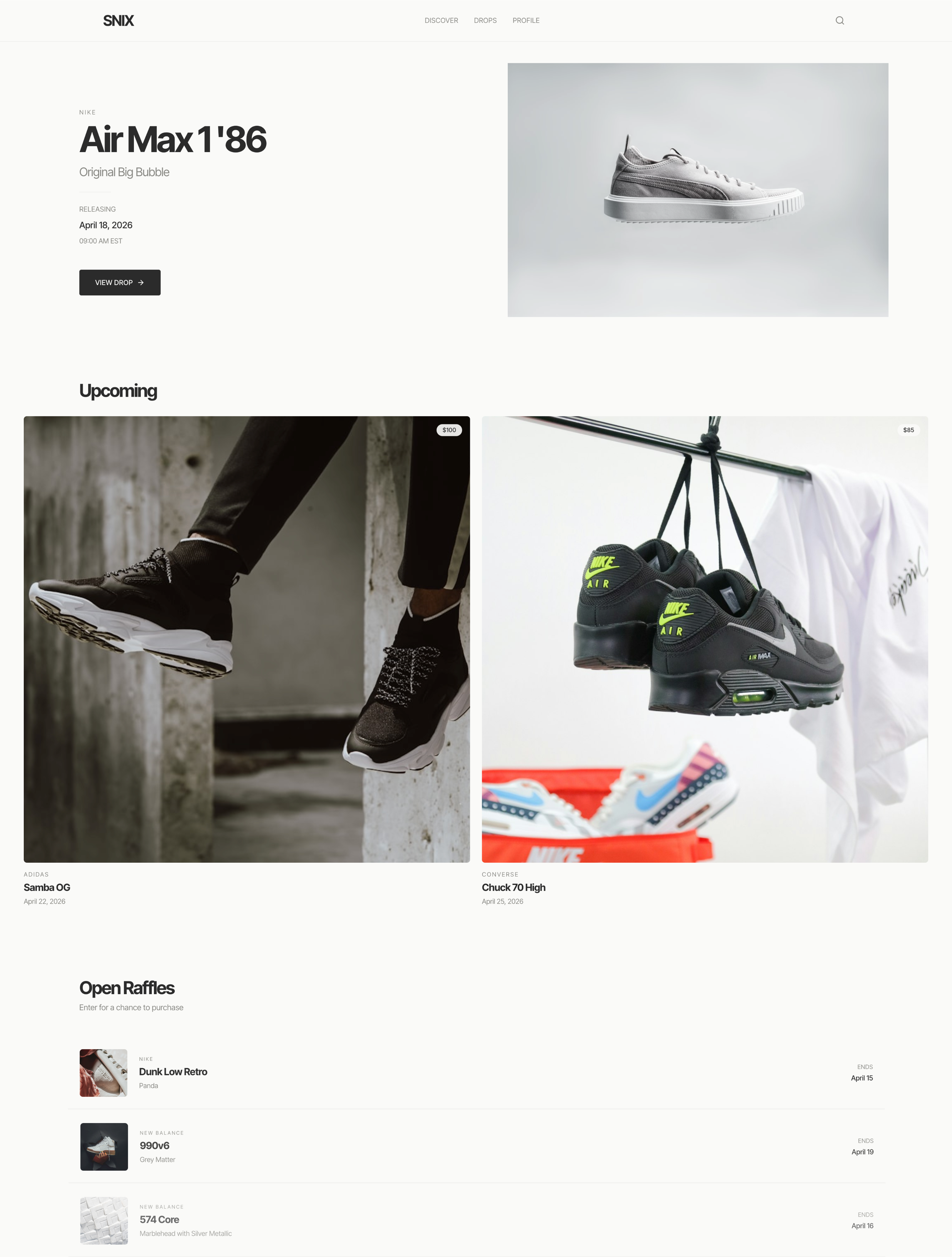 Snix full product system: discovery, upcoming releases, and open raffles
