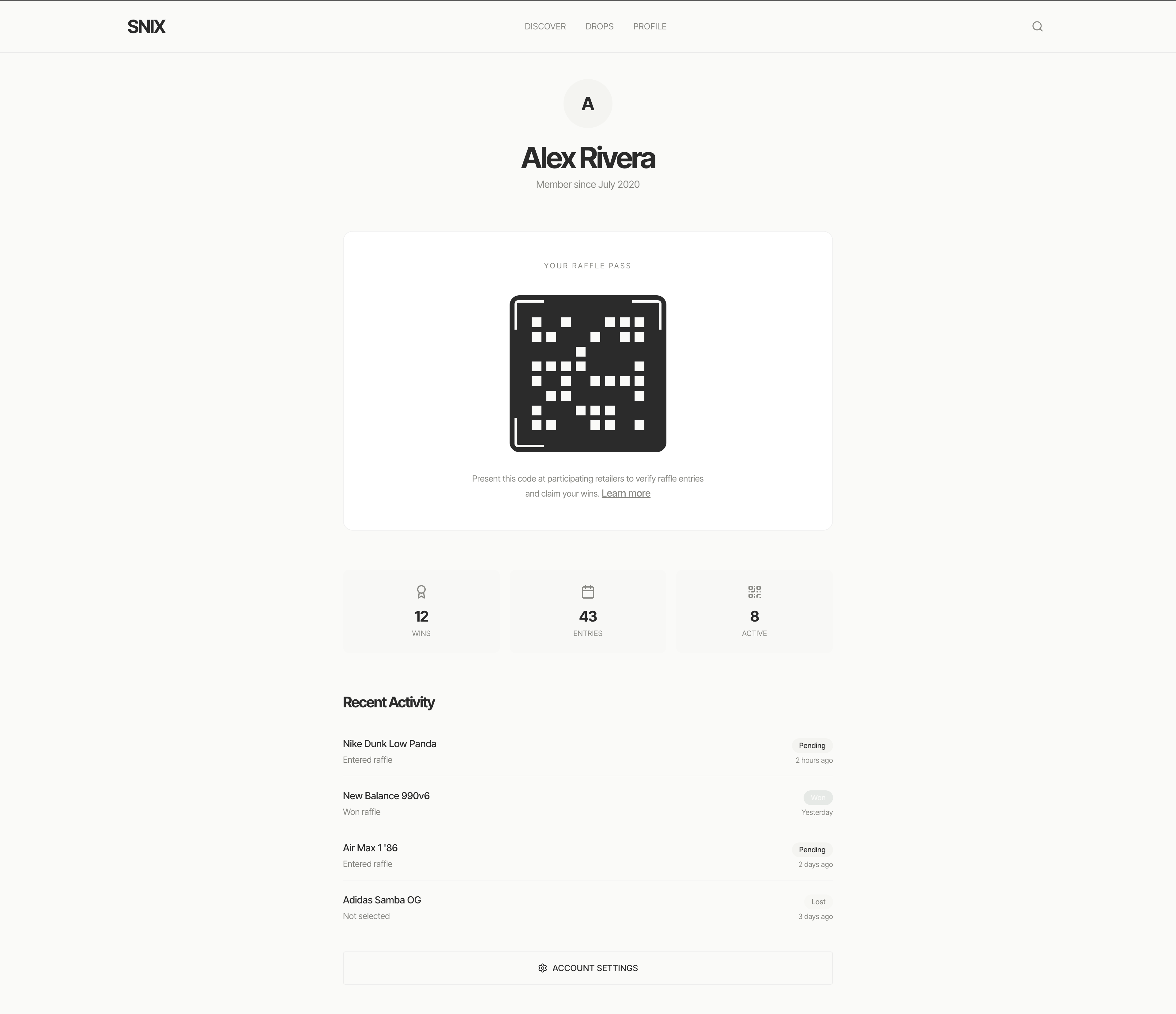 User profile showing raffle history with plain language outcomes, every entry visible, every result explained