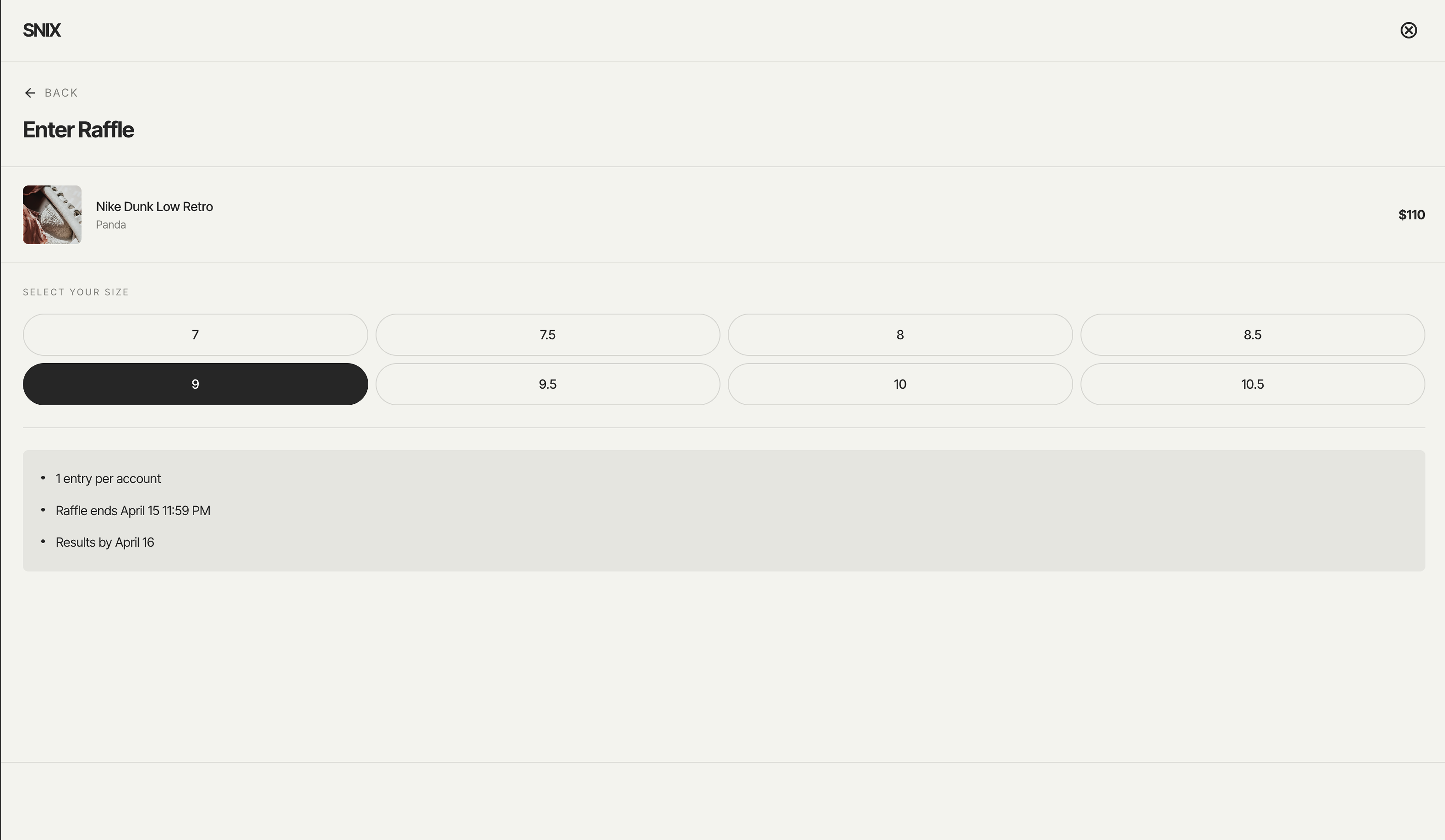 Desktop raffle size selection view showing the shortened entry flow